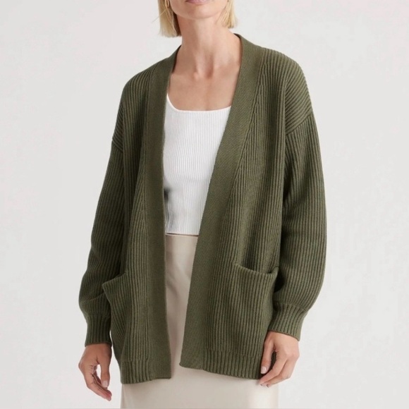 Quince Sweaters - Quince Organic Cotton Cardigan Ribbed Chunky Knit Open Front Olive Sweater XS